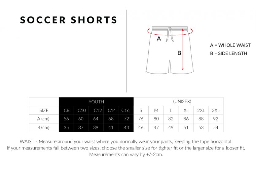 soccer shorts size chart