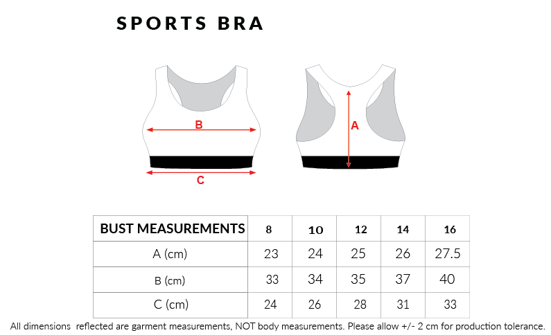 Custom Sports bra size chart